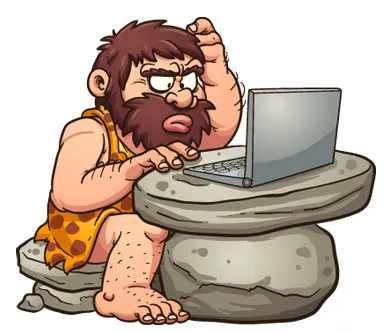 caveman working on a computer